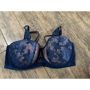 Cacique Women's Blue Floral Lace Underwire Strapless Bra Size 46DDD